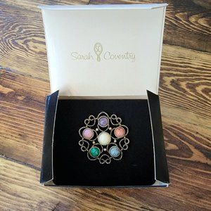 NIB Sarah Coventry Festival Broach, Multi-color Cabochon Bronze Brooch VTG 1975